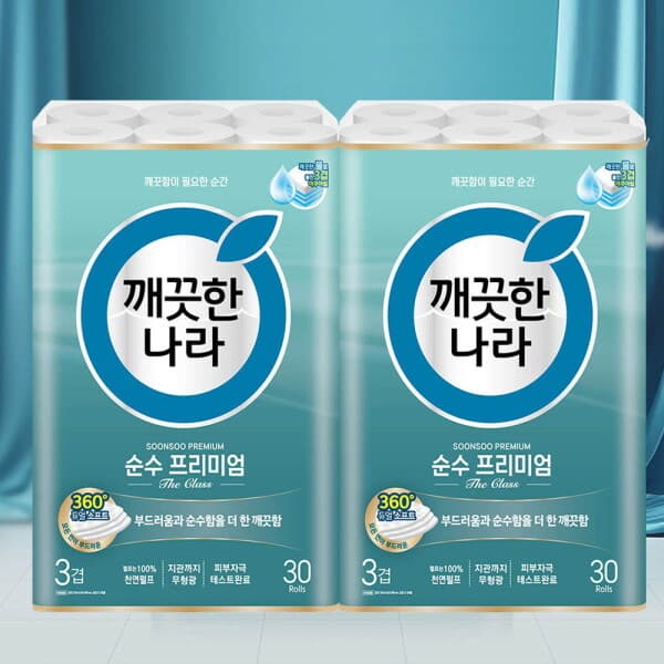 롯데아이몰 깨끗한나라 순수 프리미엄 더 클래스 30m 30롤x2팩 - 최저가 30,900원
