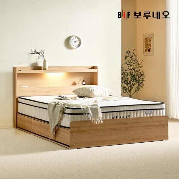 BIF보루네오퍼니처 보루네오 LED 수납 통서랍 SS Q 침대프레임+프리미엄 매트리스