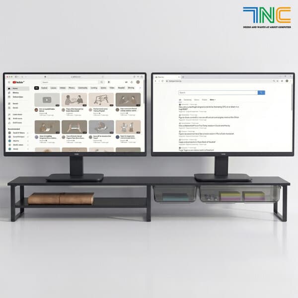 트랜드오피스 7NC 듀얼 모니터받침대 2단 높은 받침 선반 대형 서랍형 우드 수납 - 최저가 34,600원