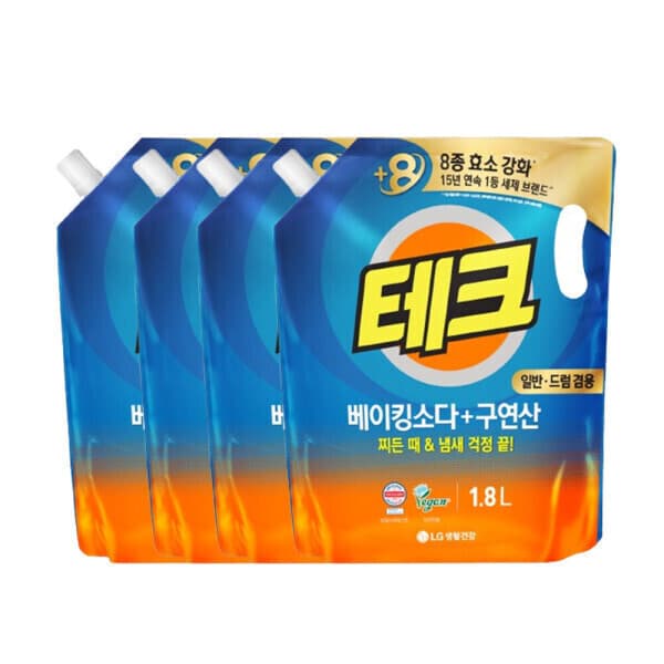 LG생활건강-스타배송 테크 베이킹소다+구연산 액체세제 일반/드럼 겸용 1.8L 4개