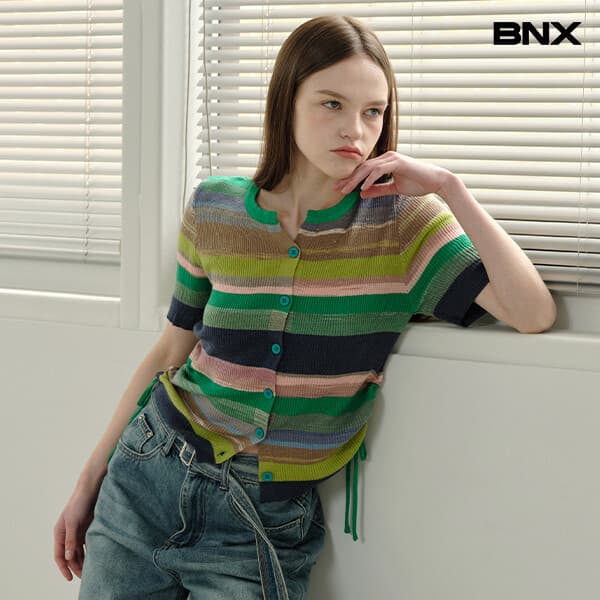 DS패션 라운드넥 스트라이프 배색 반팔 가디건 BX2CD005L0