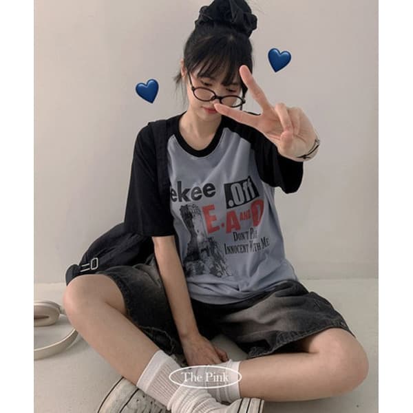 brich 키오 오버핏 나그랑 배색 프린팅 반팔티