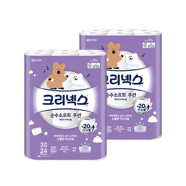 유한킴벌리직영스토어 크리넥스 3겹 순수소프트 다이노탱 25M 24롤 2팩 화장지