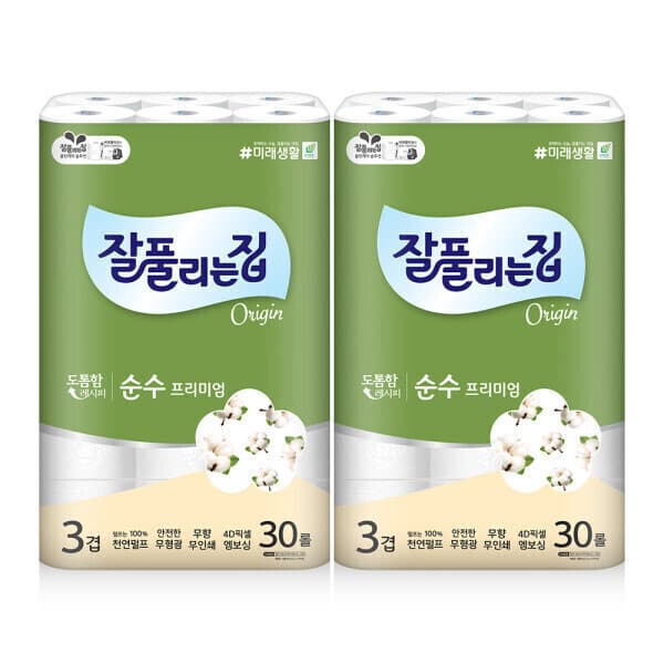 미래생활온라인스토어 잘풀리는집 순수프리미엄 천연펄프 3겹 화장지 30M 30롤 2팩