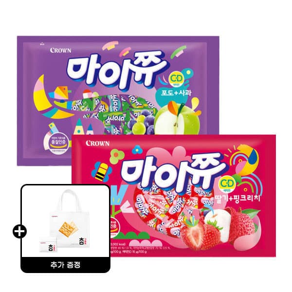 크라운제과-스타배송 크라운 마이쮸 딸기+핑크리치 720g/포도+사과 720g