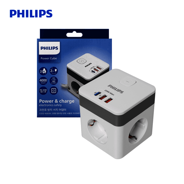 필립스홈파워스토어 필립스 고용량 파워 큐브 멀티탭 3구 USB C타입 A타입 2M - 최저가 36,900원