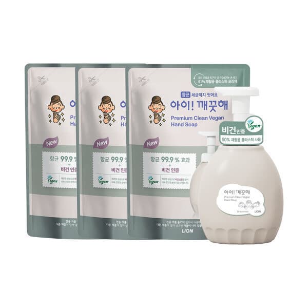 라이온코리아 아이깨끗해 프리미엄 비건 핸드워시 무향 450ml 본품 1개 + 400ml 리필 3개