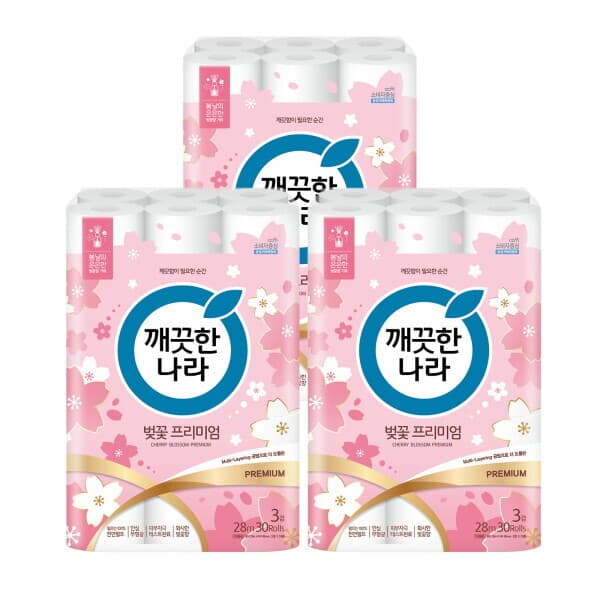롯데  홈쇼핑 깨끗한나라 벚꽃 프리미�m 28m 30롤 x 3팩