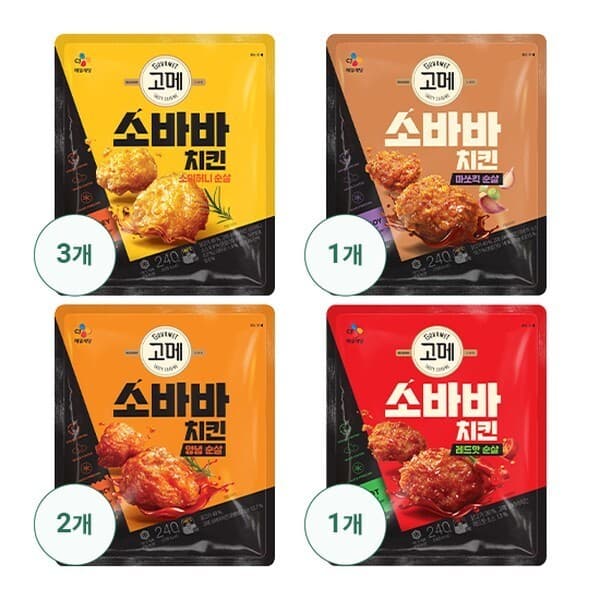 CJ온스타일LIVE CJ고메 소이허니순살 240G x 3 + 양념순살 240G x 2 + 마쏘킥 순살 240G x 1 + 레드핫순살 240G x 1