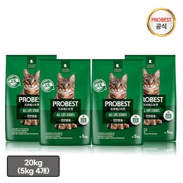 이리온MALL 프로베스트 그린 20kg 고양이사료 5kg 4개 + ANF 고양이 캔 95g 2개 참치무스
