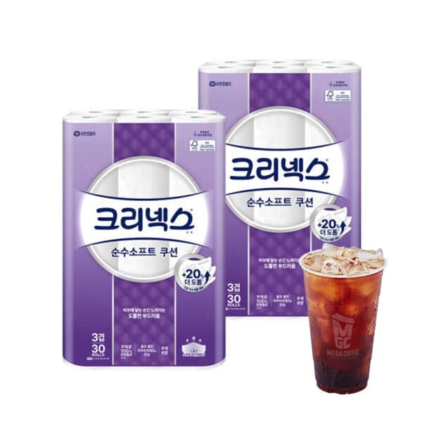fashionplus 크리넥스 화장지 3겹 순수소프트 쿠션 25M 30롤 2팩