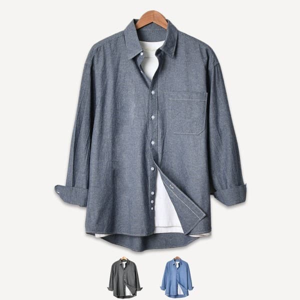 핫코드 남자 샴브레이 셔츠 오버핏 긴팔 면 M~3XL