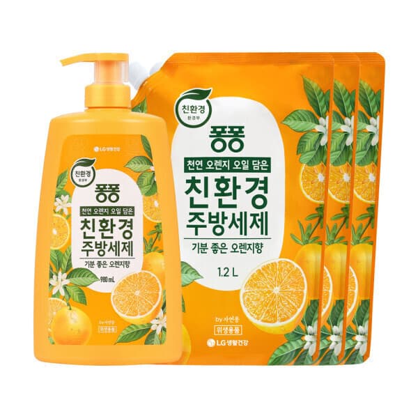 LG생활건강-스타배송 퐁퐁 친환경 주방세제 오렌지 980ml + 리필 1.2L 3개