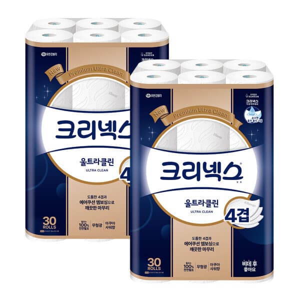 해피하우스70 크리넥스 4겹 울트라클린 25M 30롤 2팩 휴지