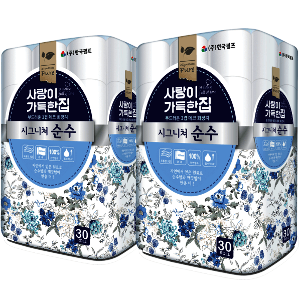한국펄프 사랑이가득한집 시그니쳐 순수 3겹 데코 화장지 30M 30롤 2팩