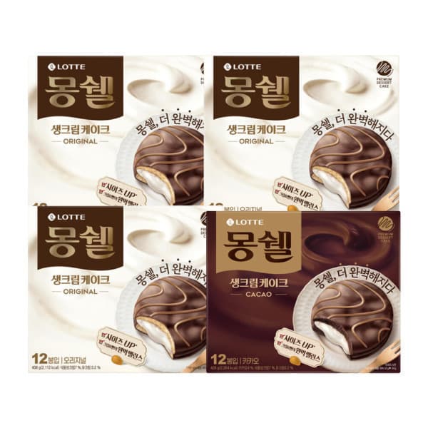 롯데제과-스타배송 몽쉘 생크림 408g 오리지널 카카오 3+1개