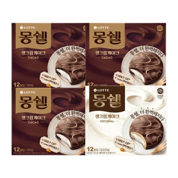 롯데제과-스타배송 몽쉘 생크림 408g 카카오 오리지널 3+1개