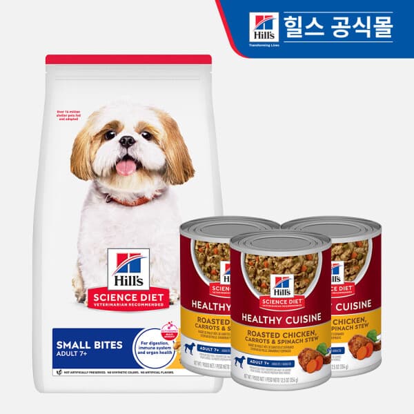 힐스코리아공식대리점 힐스 강아지사료 어덜트 7+ 스몰바이트 6.8kg + 어덜트 7+ 헬씨 퀴진 스튜 354g 3개 - 최저가 122,200원