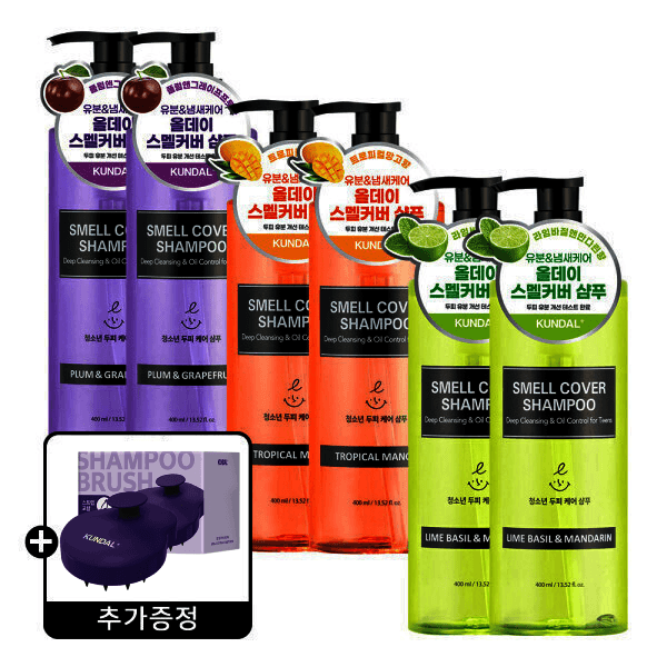 쿤달스타배송 쿤달 올데이 정수리냄새 스멜커버 청소년샴푸 3종 400ml 2개 + 쿤달 스칼프 마사지 브러쉬
