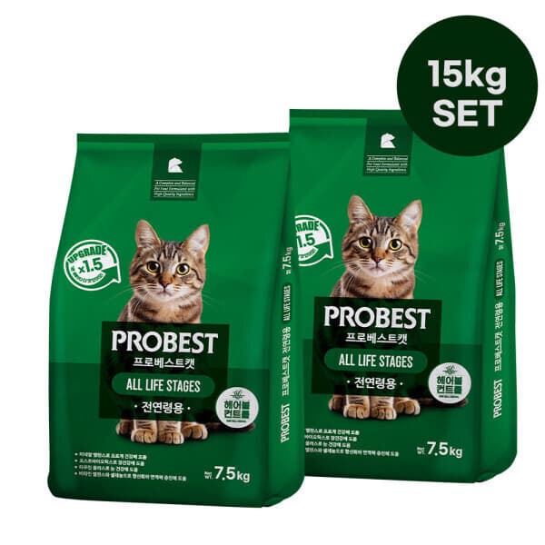 이리온MALL 프로베스트 고양이사료 전연령 그린 15kg 사료세트(7.5kg + 7.5kg) + ANF 고양이 캔 3개(참치새우) - 최저가 42,600원