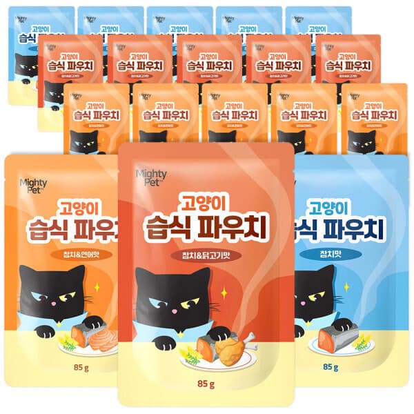 마이티펫스토어 마이티펫 고양이 습식 파우치 85g 참치/닭고기/연어맛 20개