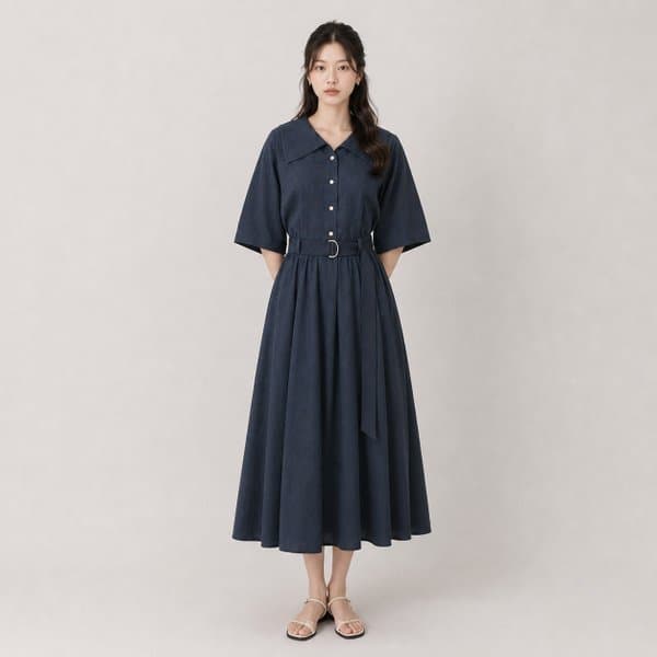 신세계백화점 벨티드 와이드 칼라 플레어 원피스 GR5A0OPJ21