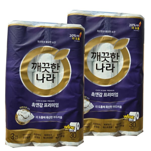 유아플러스 깨끗한나라 촉앤감 프리미엄 3겹 107mm 30m 30롤 2팩 - 최저가 37,700원
