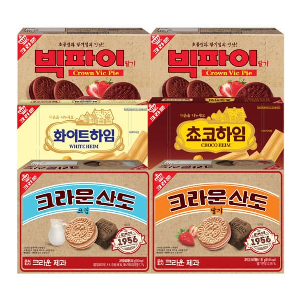 크라운제과-스타배송 크라운 산도 161g 딸기크림 + 하임 142g 초코화이트 + 빅파이 216g 2개