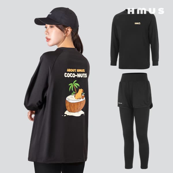 에이치머스 에이치머스 여성 래쉬가드 세트 루즈핏 코코넛 수영복 긴팔 상의 반바지 레깅스 - 최저가 48,600원