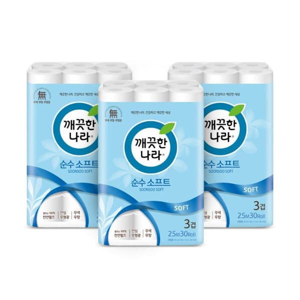 롯데  홈쇼핑 깨끗한나라 순수 소프트 25m 30롤 3팩
