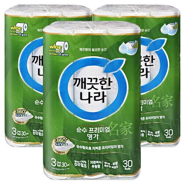 (주)올바른 깨끗한나라 순수 프리미엄 3겹 30m 30롤x3개 와이드 107mm 화장지
