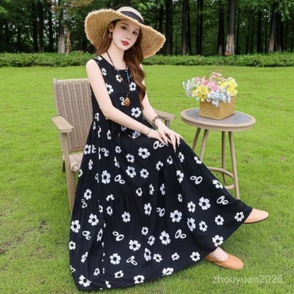 arcelic 중년 여름용 면 민소매 A라인 나시 롱스커트 원피스