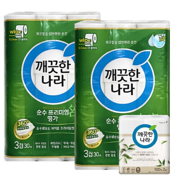 대현맘 깨끗한나라 순수 프리미�m 3겹 와이드 107MM 30M 2팩 키친타올 200매