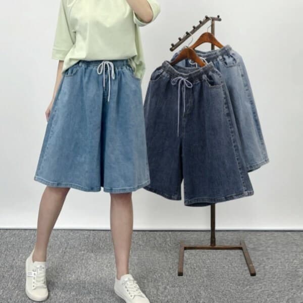 사라7351 사라7351 여성 와이드 버뮤다 데님 팬츠 내추럴워싱 스판 밴딩