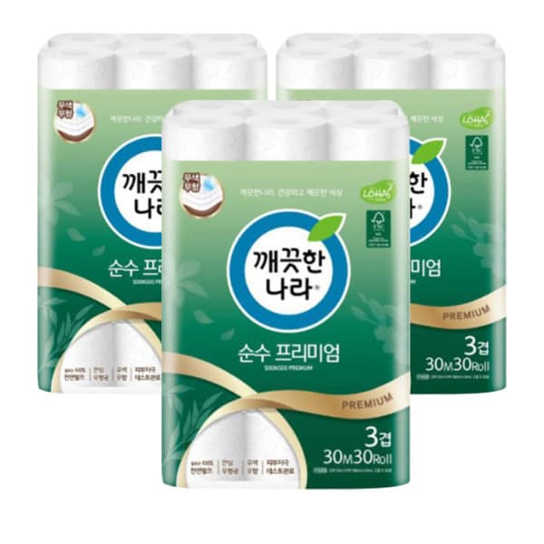 온마음샵 깨끗한나라 순수프리미엄 3겹 화장지 30m 30롤 3팩
