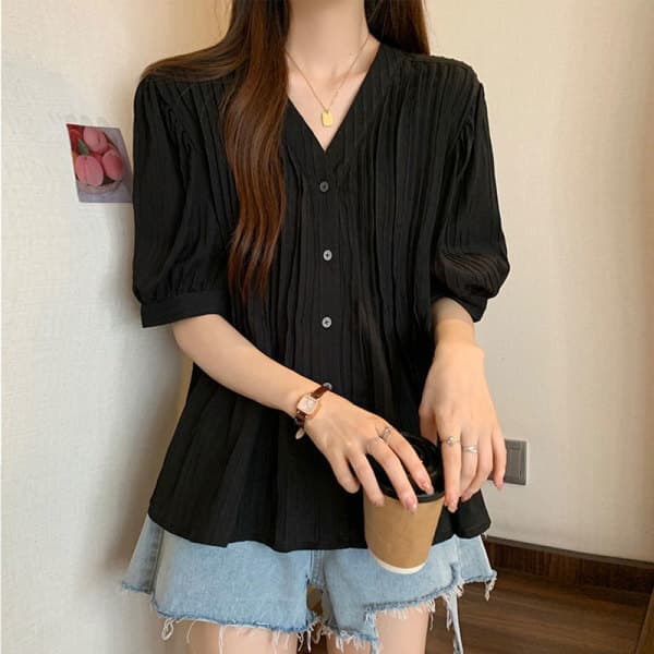 kokoebony 핀턱 브이넥 블라우스 BL-802 냉감 반팔 - 최저가 22,900원