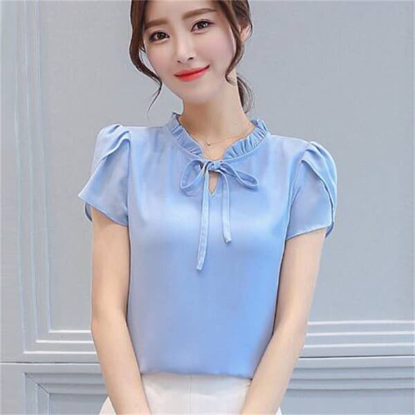 newtrend1 여성 쉬폰 반팔 블라우스 리본 셔츠