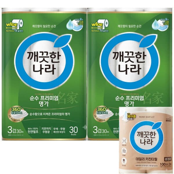 유아플러스 깨끗한나라 순수프리미엄 3겹 30m 30롤 2팩 + 키친타올 100매 2롤 - 최저가 31,900원