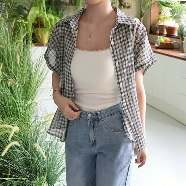 데일리앤 클로저 아사면 여성 루즈핏 체크 남방 반팔 셔츠 - 최저가 18,800원