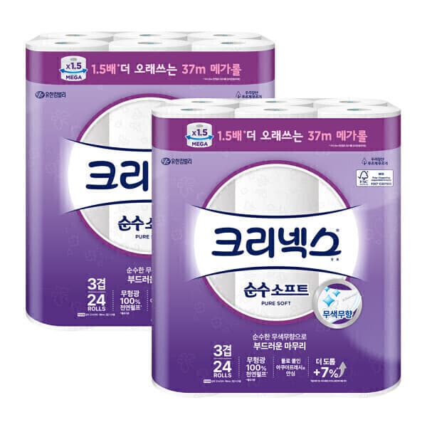 해피하우스70 크리넥스 도톰한 3겹 순수소프트 메가롤 37m 24롤 2팩