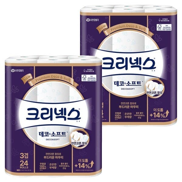 다매정품 크리넥스 3겹 데코 앤 소프트 화장지 28미터 24개입 2개