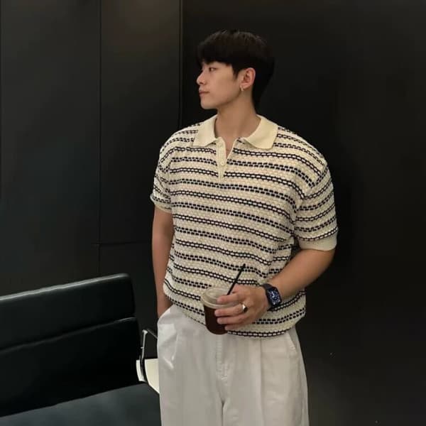패션프루트캔디 ANYOU 시원한 통기성 니트 폴로 티셔츠 남성 스트라이프 반팔 - 최저가 28,120원