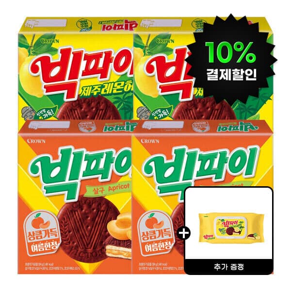 크라운제과-스타배송 크라운 빅파이 살구 324G 2개+제주레몬허니 324G 2개