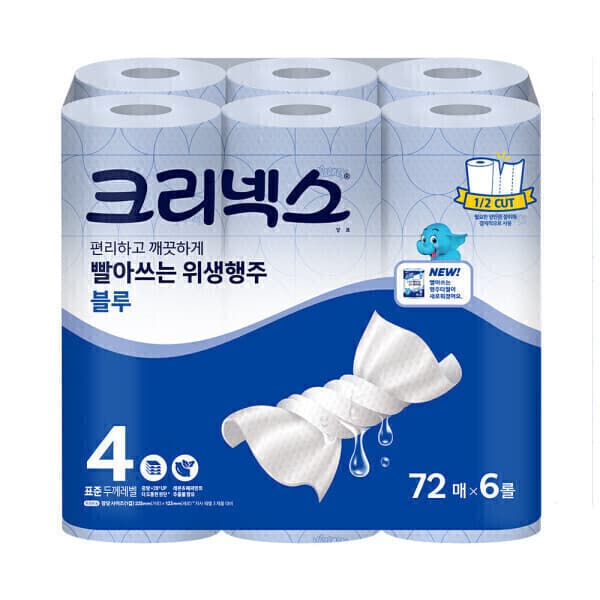 해피하우스70 크리넥스 빨아쓰는 위생행주 블루 72매 6롤 두께4
