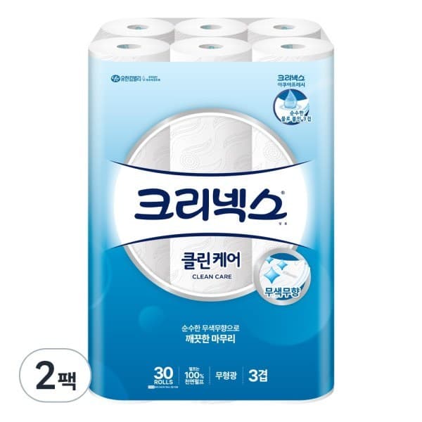 damaeload 크리넥스 3겹 클린케어 화장지 25m 30롤 2팩