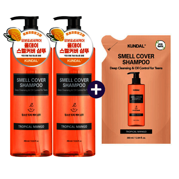 쿤달스타배송 쿤달 올데이 스멜커버 청소년샴푸 트리피컬망고 400ml 2개 리필팩 380ml - 최저가 23,490원