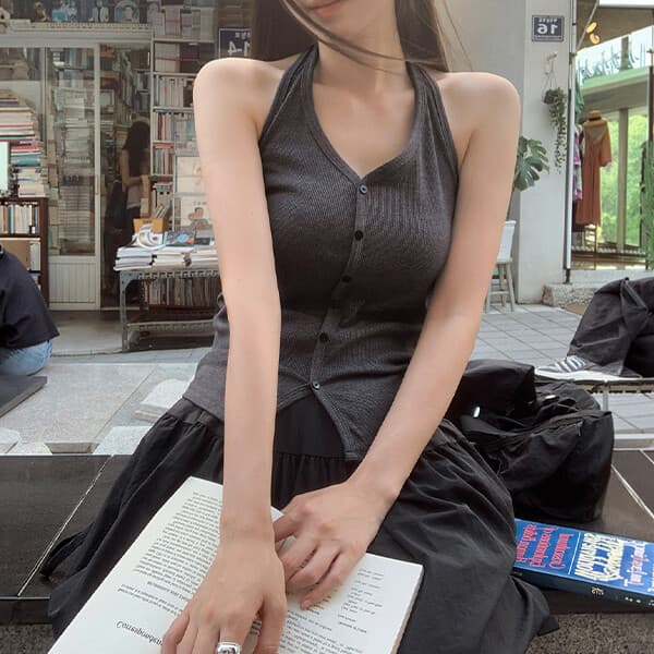 핫핑 바인즈 단추 브이 골지 홀터넥 나시 빅사이즈