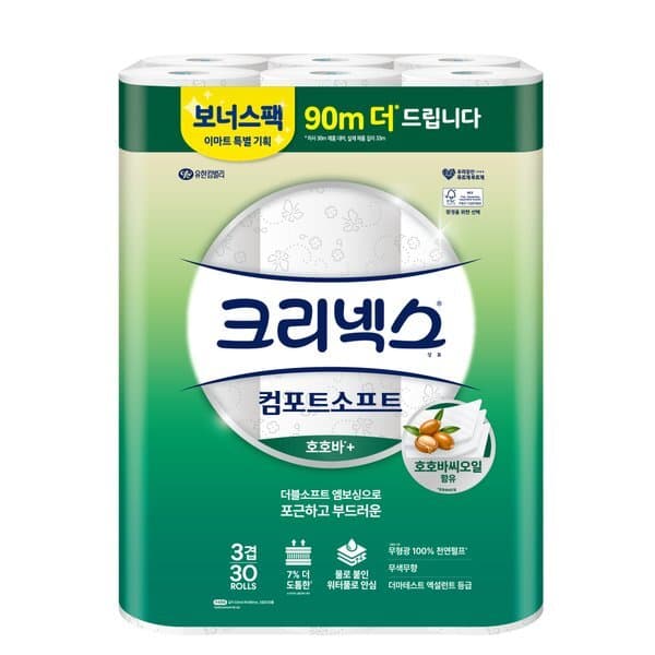 이마트몰쓱배송 크리넥스 3겹 컴포트소프트 호호바 30+3M 30롤