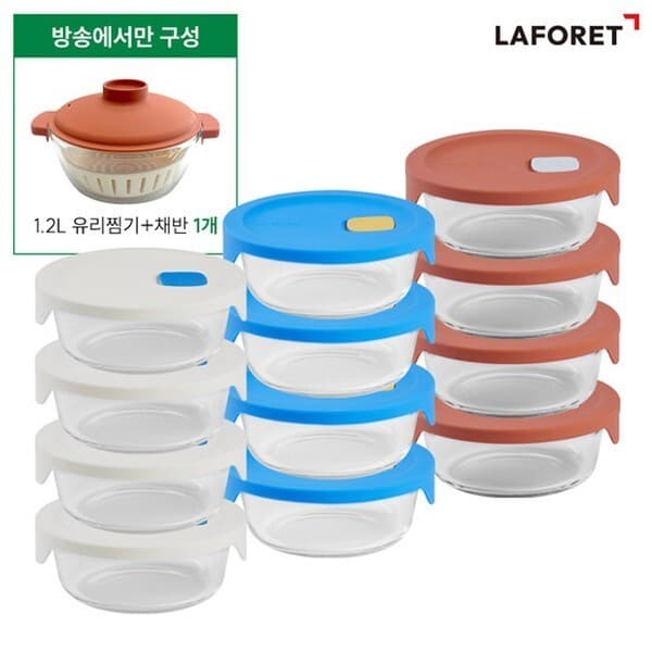 CJ온스타일LIVE 라포레 글라스팝 더블구성 유리용기 380mlX12+1.2L 유리찜기 채반