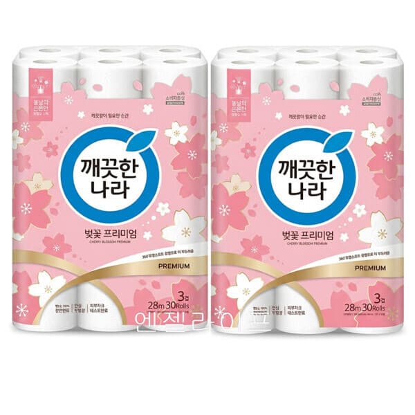 엔젤라이프07 깨끗한나라 벚꽃 프리미엄 28m 3겹 30롤 2팩 천연펄프 - 최저가 27,200원